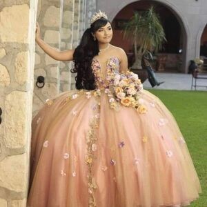 Elegant Peach Ball Gown with Floral Accents